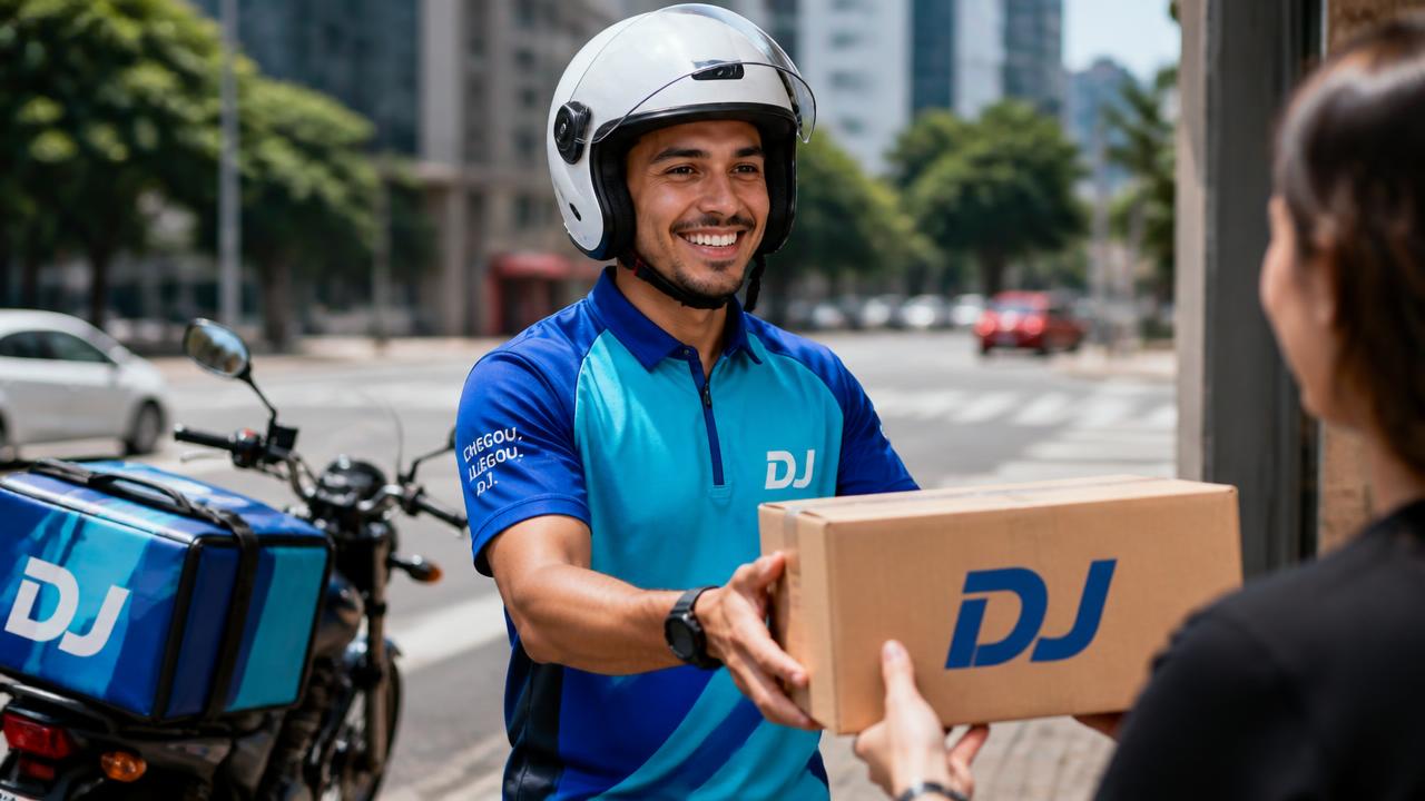 Entregador da Dj entregas com capacete branco entregando uma caixa em São Paulo